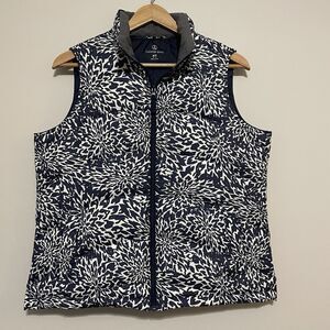 LANDS END Feather Down Zip Puffer Vest M Petite Navy Blue White Layering Outdoor